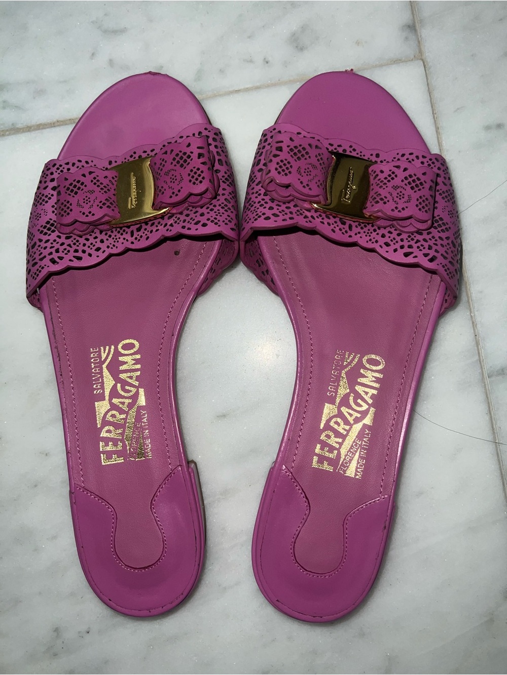 Salvatore Ferragamo Fuchsia Laser-Cut Slide Sandals with Gold Hardware 6.5
